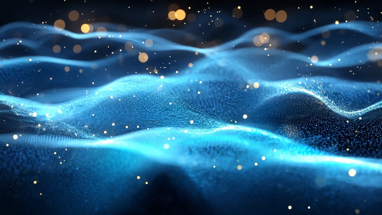 A blue and white image of a wave with a lot of sparkles. The image has a dreamy and ethereal quality to it