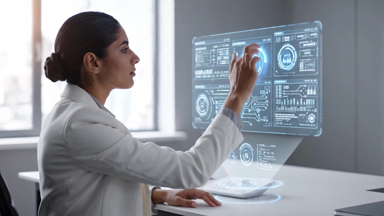 A Professional Woman Interacting with Futuristic Technology in a Modern Office Setting, Showcasing Advanced Data Visualization and User Interface Design
