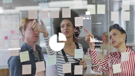 animation of graphs and icons, diverse female coworkers discussing strategy on sticky notes