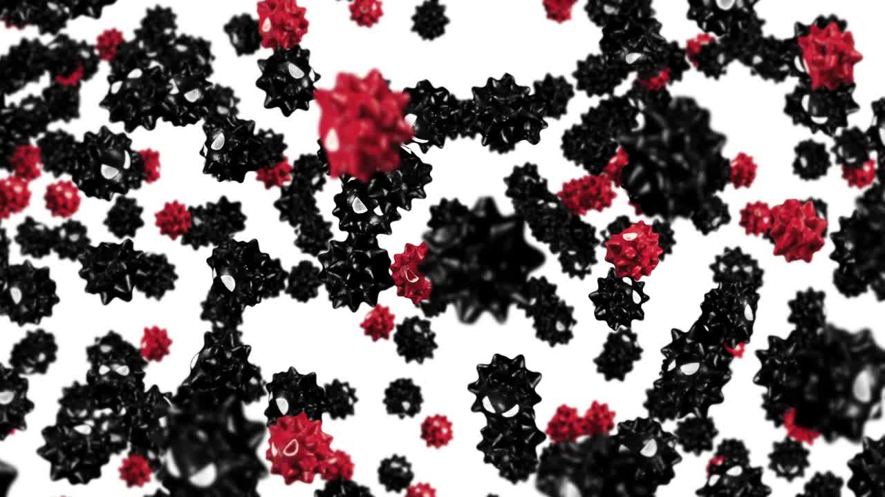 volando muchos virus en personaje de dibujos animados. rojo y negro. nueva cepa. variante. concepto médico. mascota de virus con enojado. animación de bucle 3d.