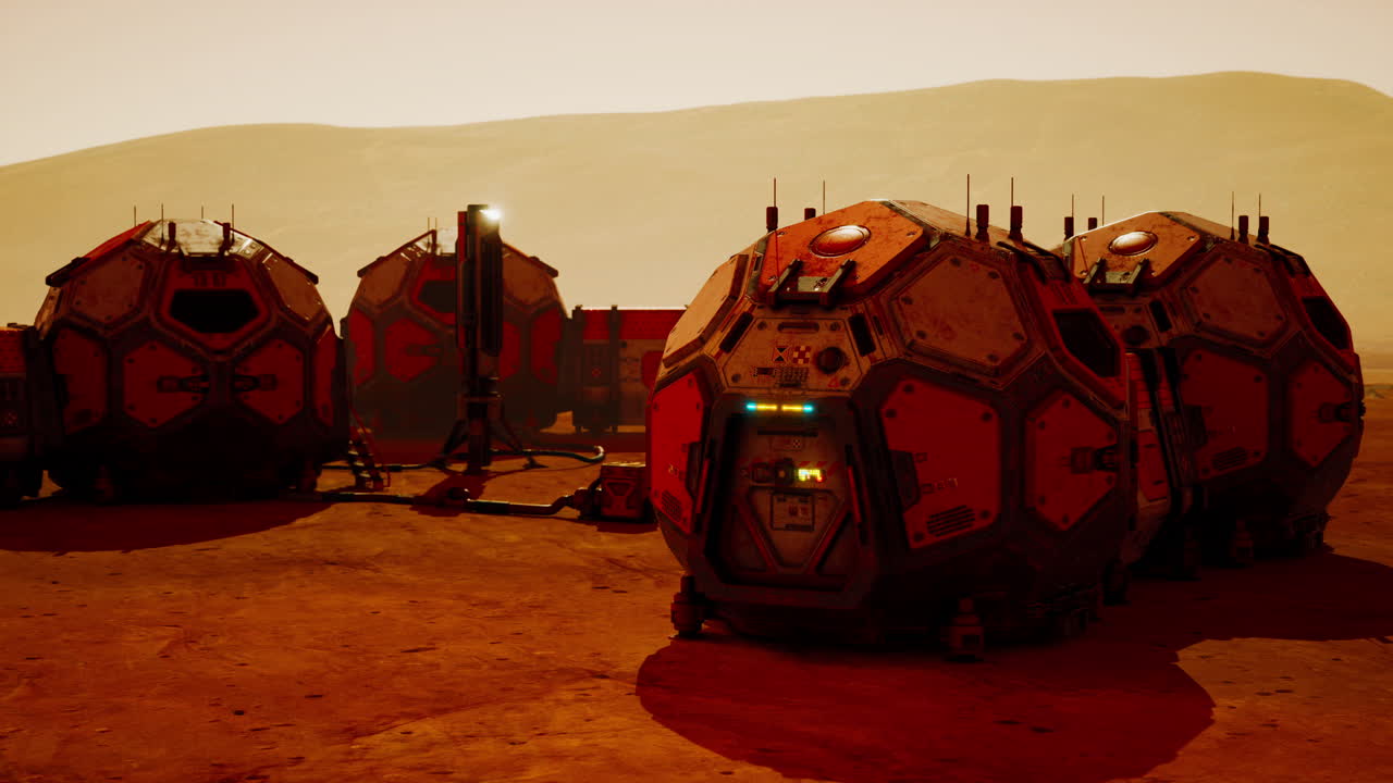 Exploring a martian base with modular habitats in a dusty red landscape