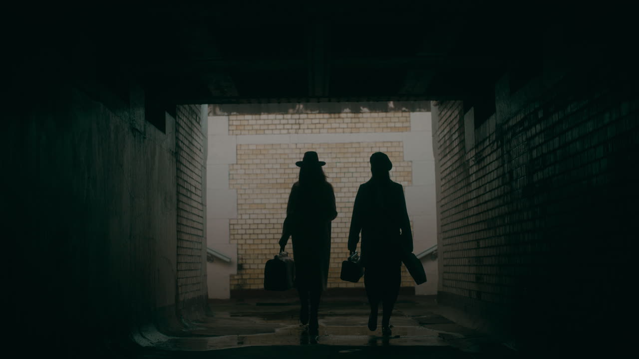 터널에서 두 명의 여성이  ⁇ 고 있습니다.