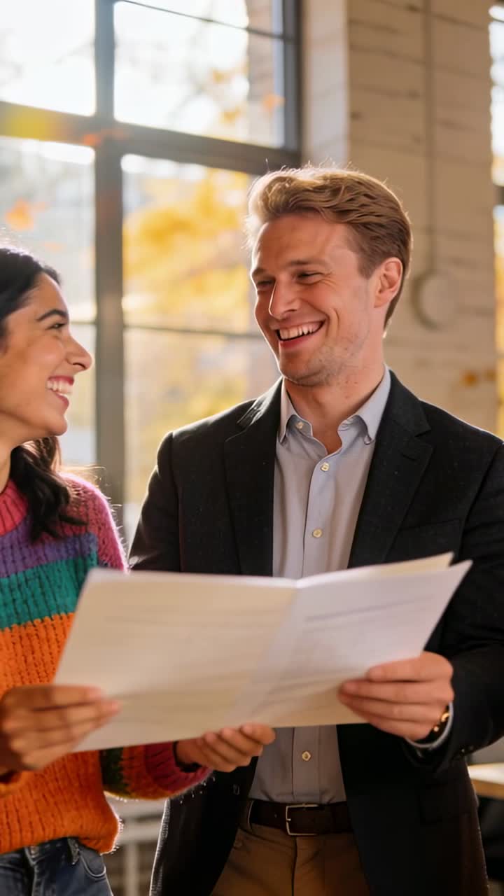 Uomo e donna sorridenti che collaborano a pratiche burocratiche in ufficio