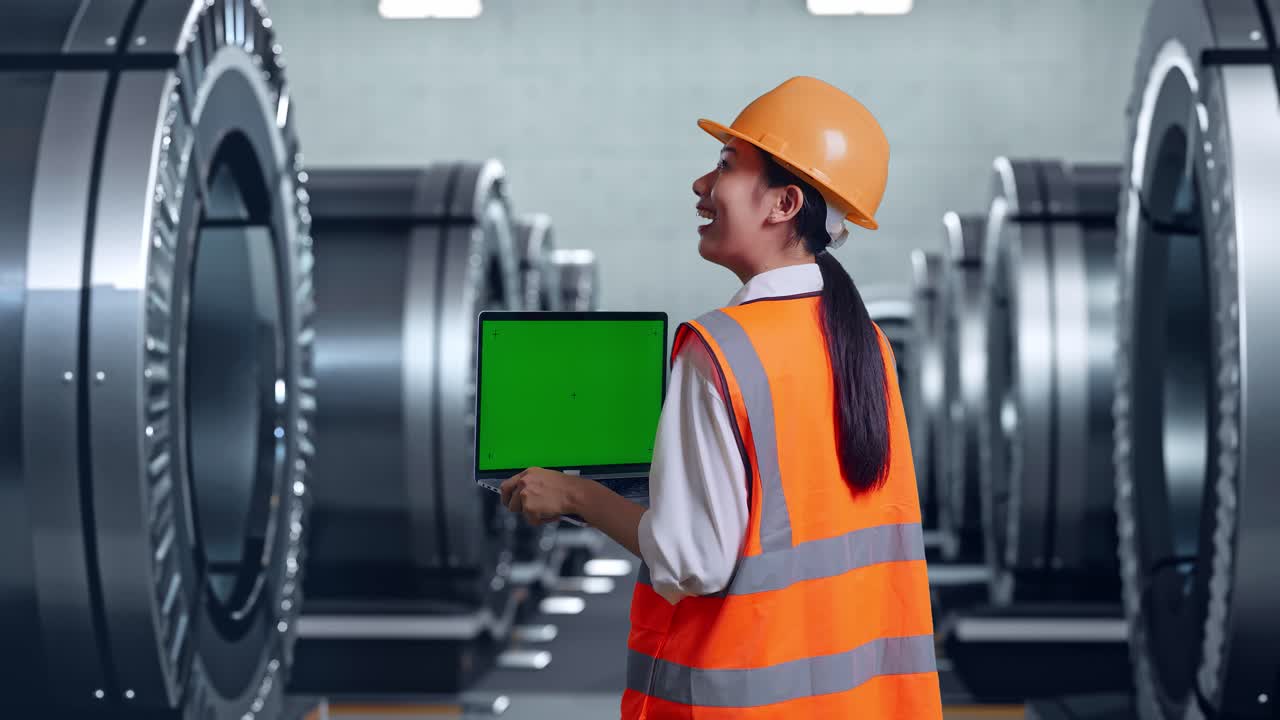 안전 헬을 착용 한 아시아 여성 엔지니어가 녹색 화면 노트북에서 일하고 금속 공장에서 주변을 둘러보고 있는 뒷면