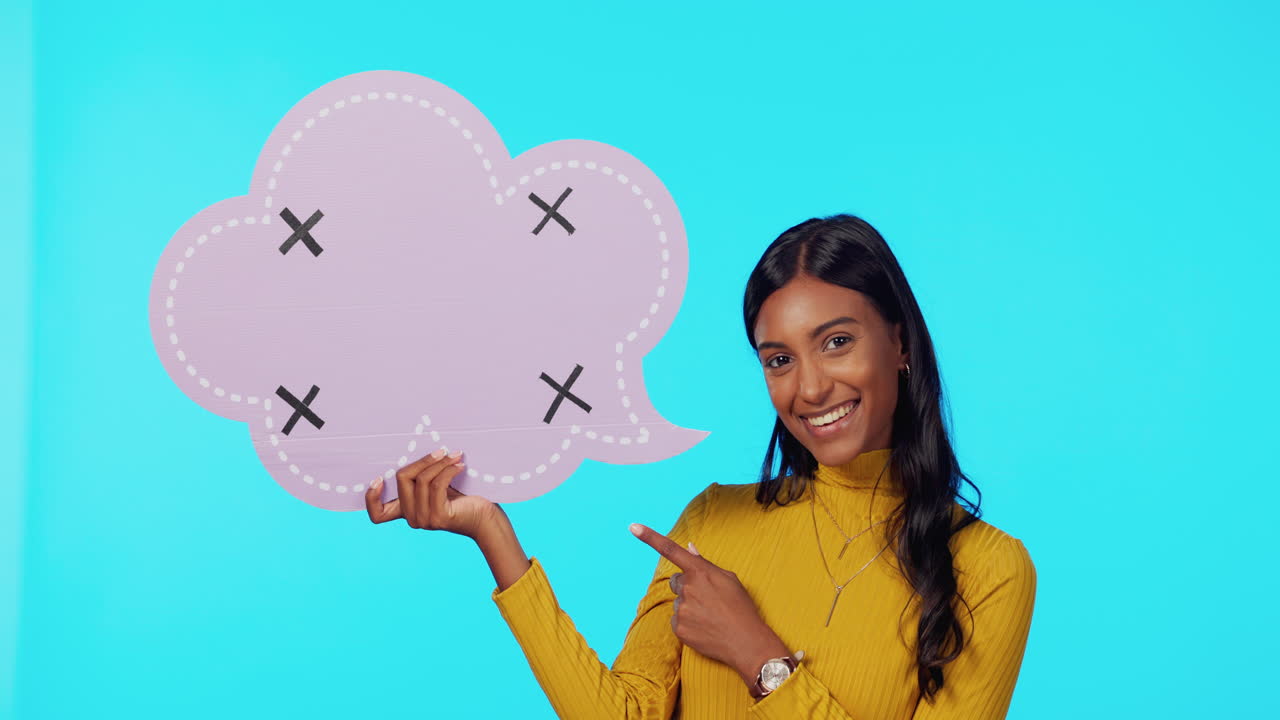 Happy, chat and pointing woman to a speech bubble