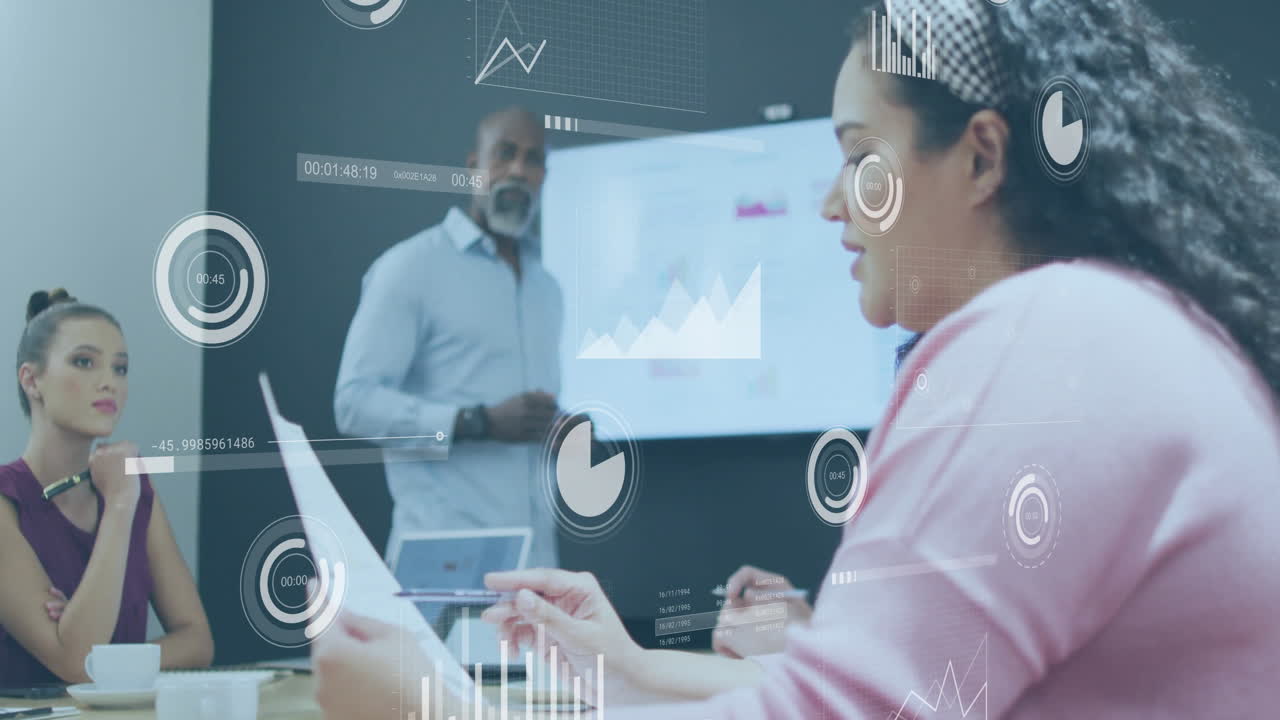 Animation of financial data processing over diverse business people in office