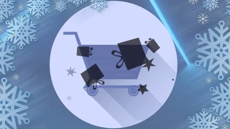 código qr sobre túnel brillante azul contra la silueta de los regalos de navidad y el icono del carrito de compras