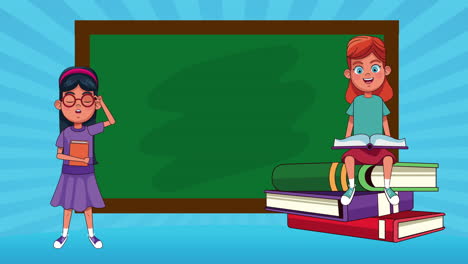 niñas estudiantes leyendo libros y personajes animados de pizarra