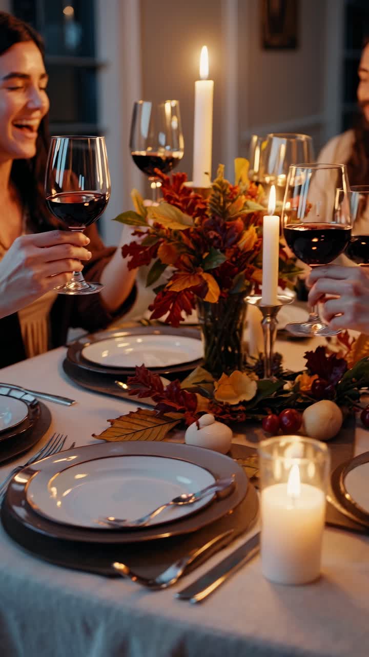 Warm, cozy dinner scene captured from a side angle, featuring friends toasting with wine