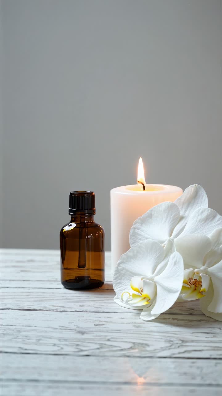 Aesthetic video still life with a candle, orchid, and amber bottle on a white wooden surface