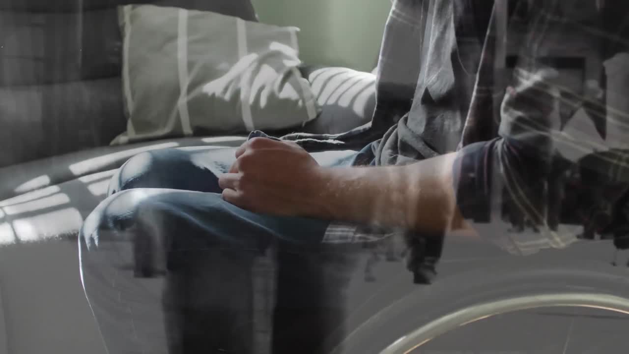 체어에 앉아 있는 장애인 백인 남성 위에서 거리에서 는 사람들의 애니메이션