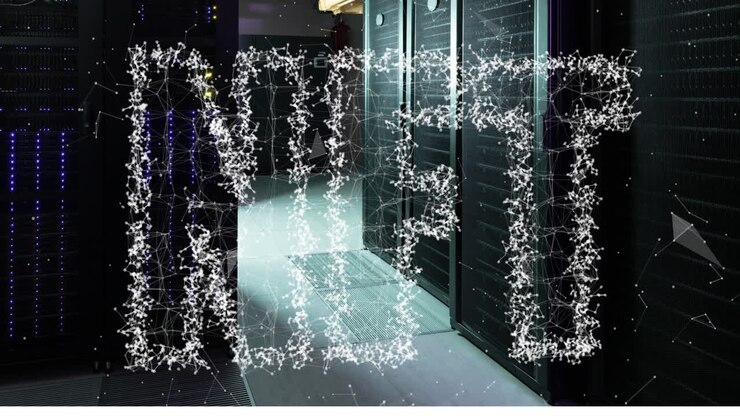Animation of connected dots forming nft text against server room in background