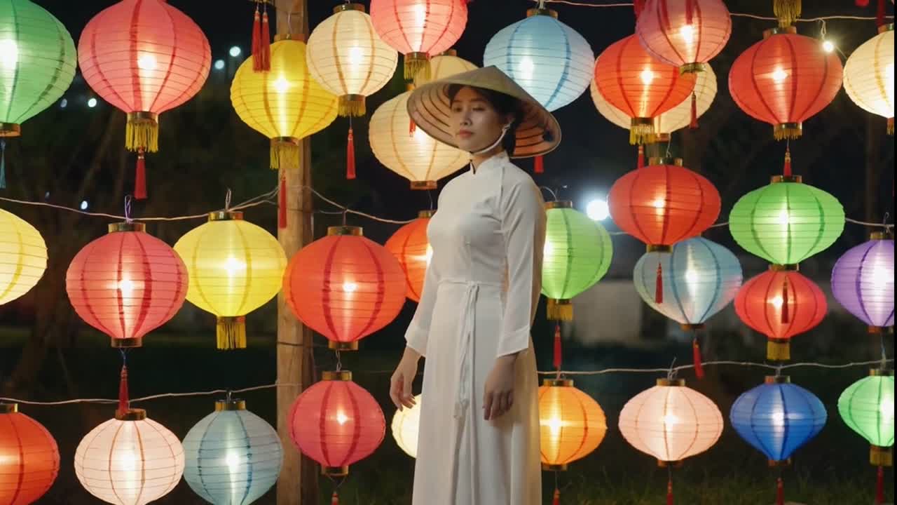 Vietnamese Woman in Traditional Dress Among Colorful Hoi An Lanterns at Night.