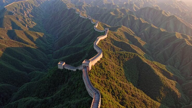 Aerial view video showcasing the Great Wall of China winding over lush green mountains