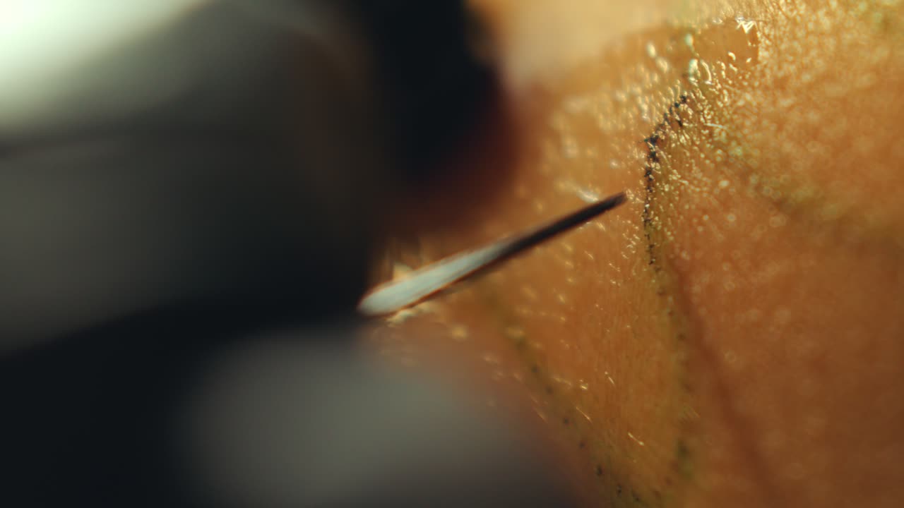 Macro Shot of Tattoo Artist Inserting Ink into Skin with Needle