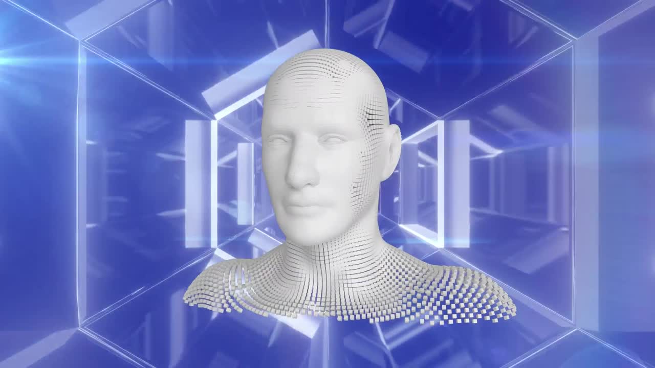 animación de busto humano formado con partículas grises con un túnel azul brillante