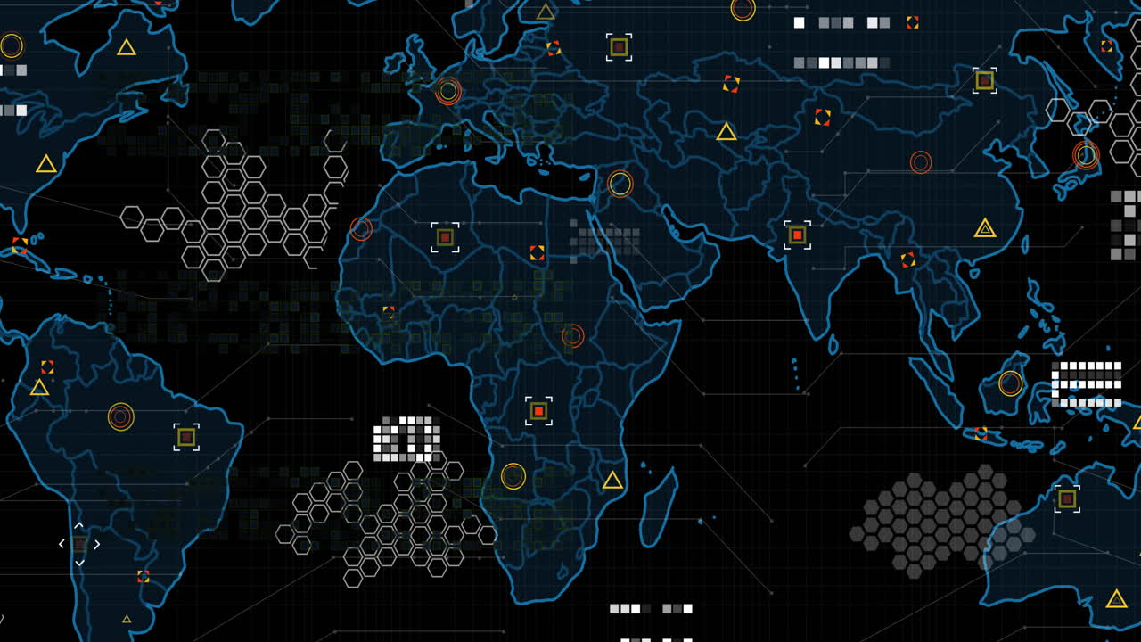animación del procesamiento de datos y el mapa del mundo sobre un fondo oscuro