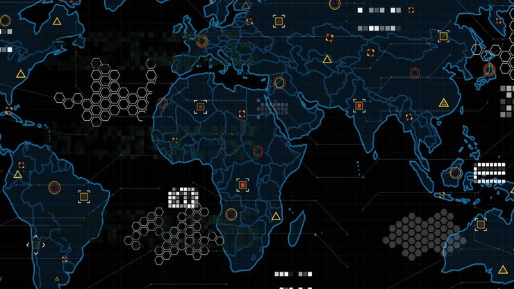 Animation of data processing and world map over dark background