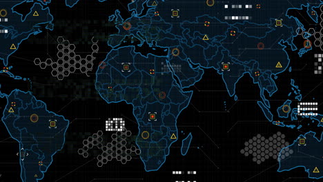 Animation-of-data-processing-and-world-map-over-dark-background