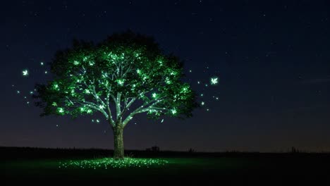 a serene nighttime scene featuring a glowing tree illuminated by enchanting green lights under a starry sky, evoking a magical atmosphere