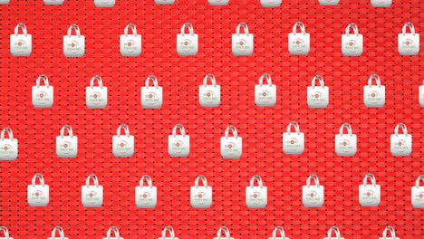 animación de texto sin bolsas de plástico sobre iconos de bolsas sobre fondo rojo