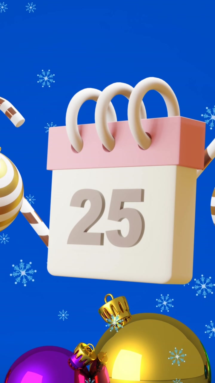 Animação de calendário com a data número 25 e decorações de Natal.