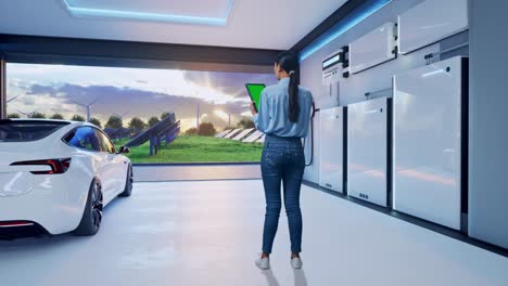 full body back view of asian female with green screen tablet with home energy storage system in a modern garage, industrial facility