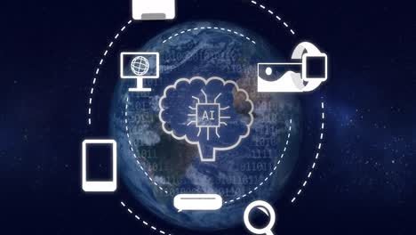 Animation-Der-KI-Datenverarbeitung-Und-Symbole-über-Globus-Und-Dunklem-Hintergrund