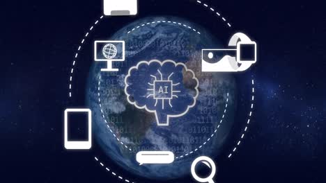 animación del procesamiento de datos y los iconos sobre el globo y el fondo oscuro