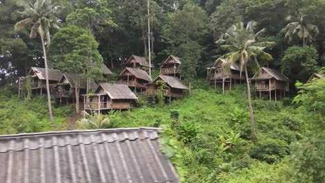 empty bungalows in a jungle on a green mountain, aerial drone shot