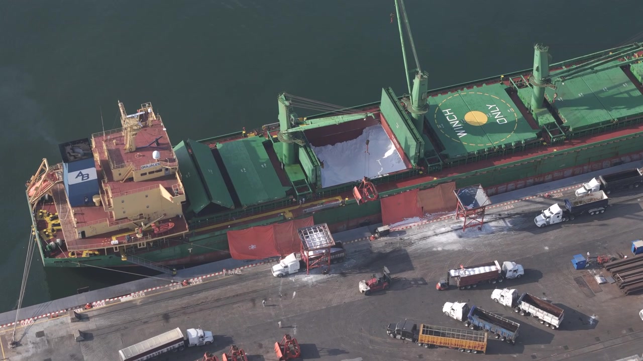 Bulk cargo ship loading beside trucks and equipment at Port of Veracruz, aerial medium orbit overview with bustling port at early morning