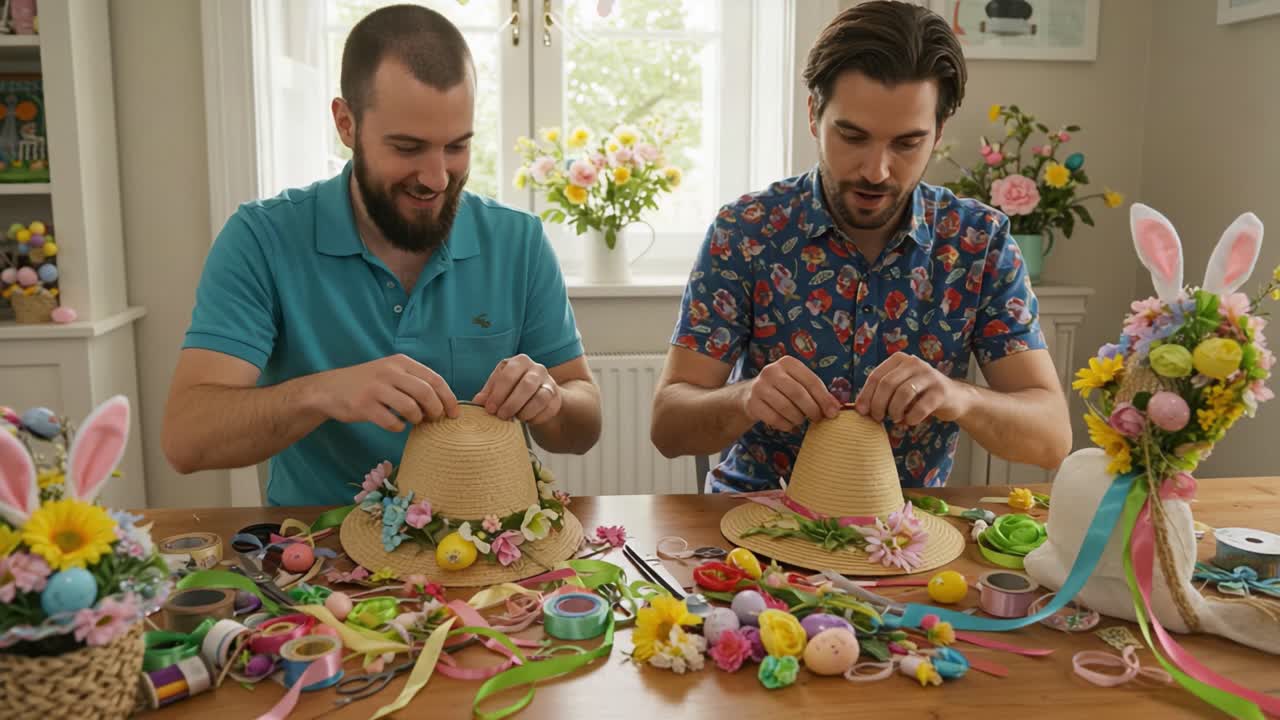 Creative Spring Crafting: Two Friends Decorate Beautiful Easter Hats with Flowers, Ribbons, and Colorful Easter Eggs to Celebrate the Season of Renewal and Joy