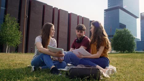 tomada amplia de un grupo de estudiantes caucásicos que estudian fuera del campus universitario