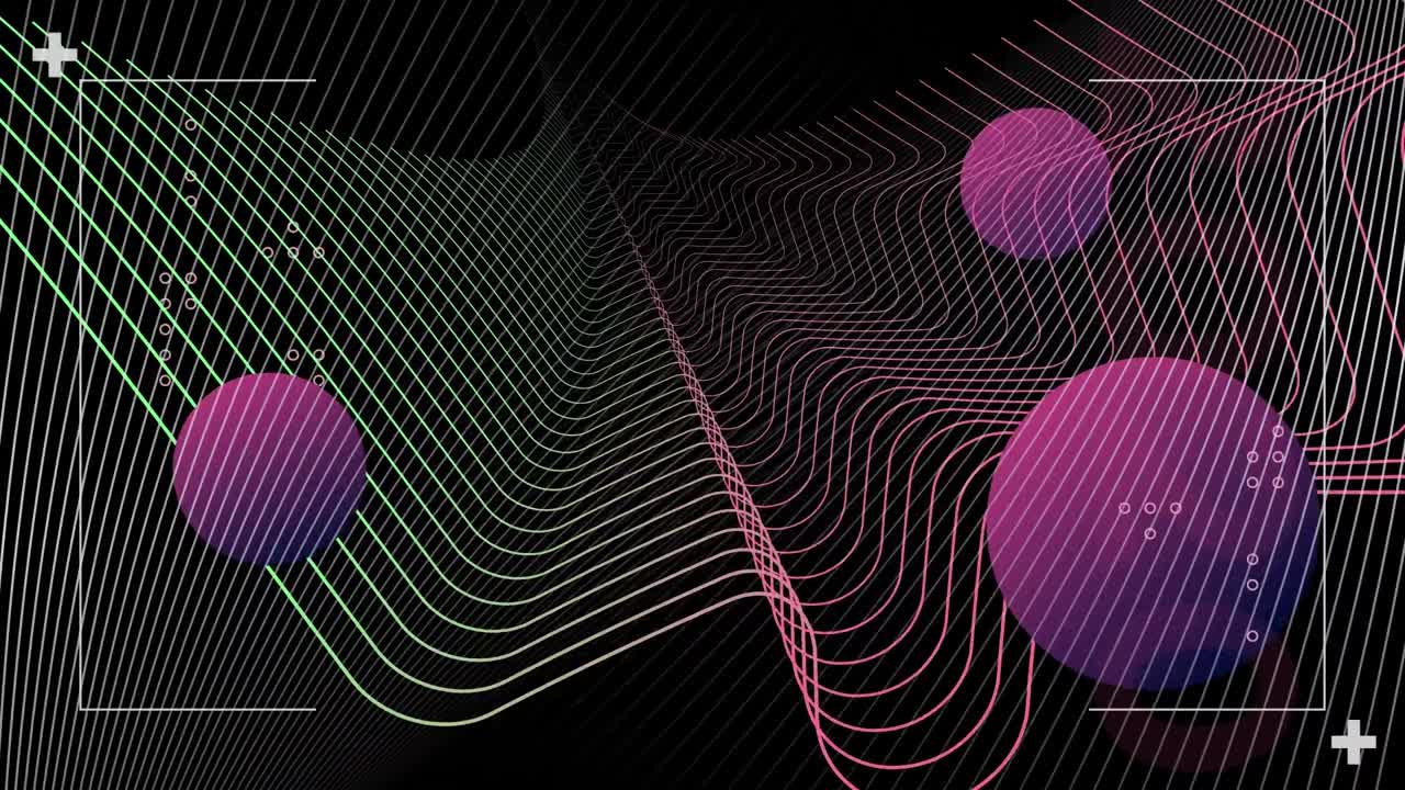 Animation of floating curved multi coloured lines and purple spheres on black background