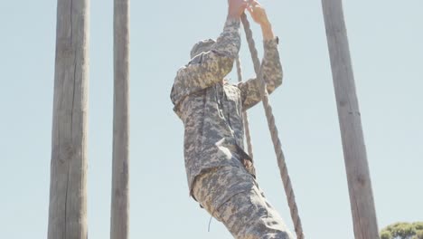 caucasian male soldier in uniform climbing down rope on military obstacle course in sun