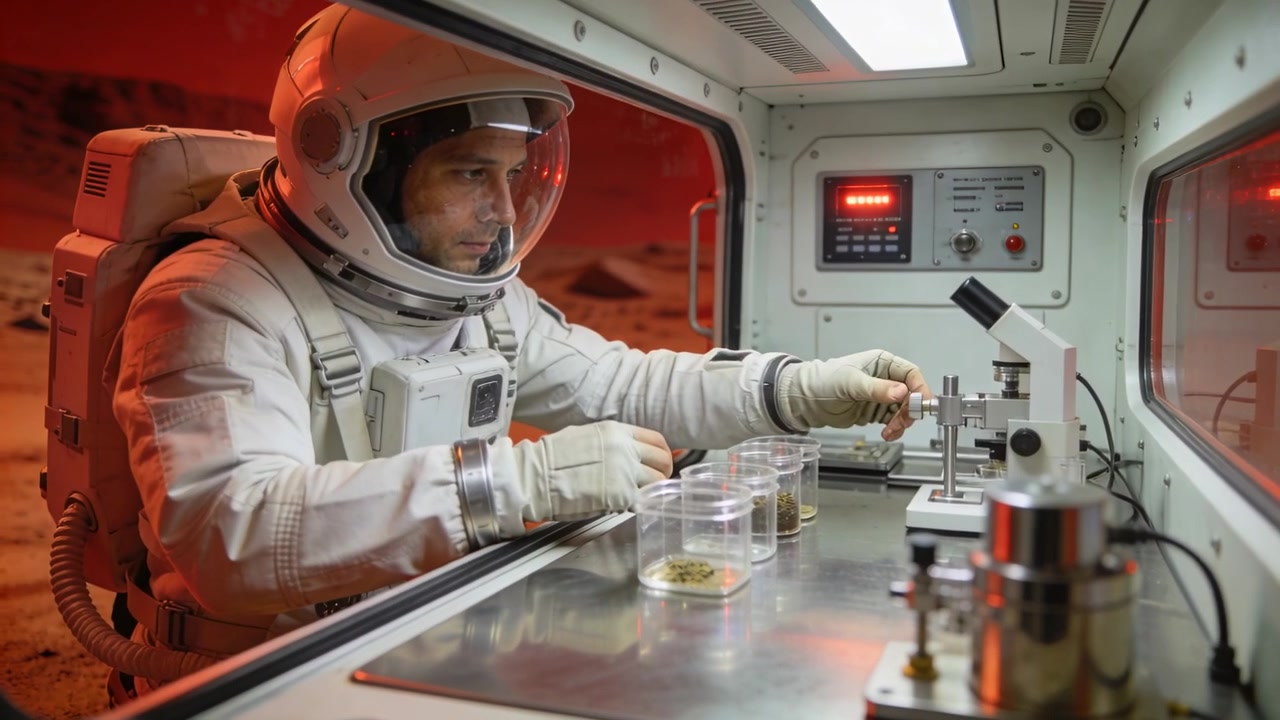 Agendo su un segnale, un astronauta in tuta bianca sistema campioni in piastre Petri presso una camera a guanti, regolando un microscopio.