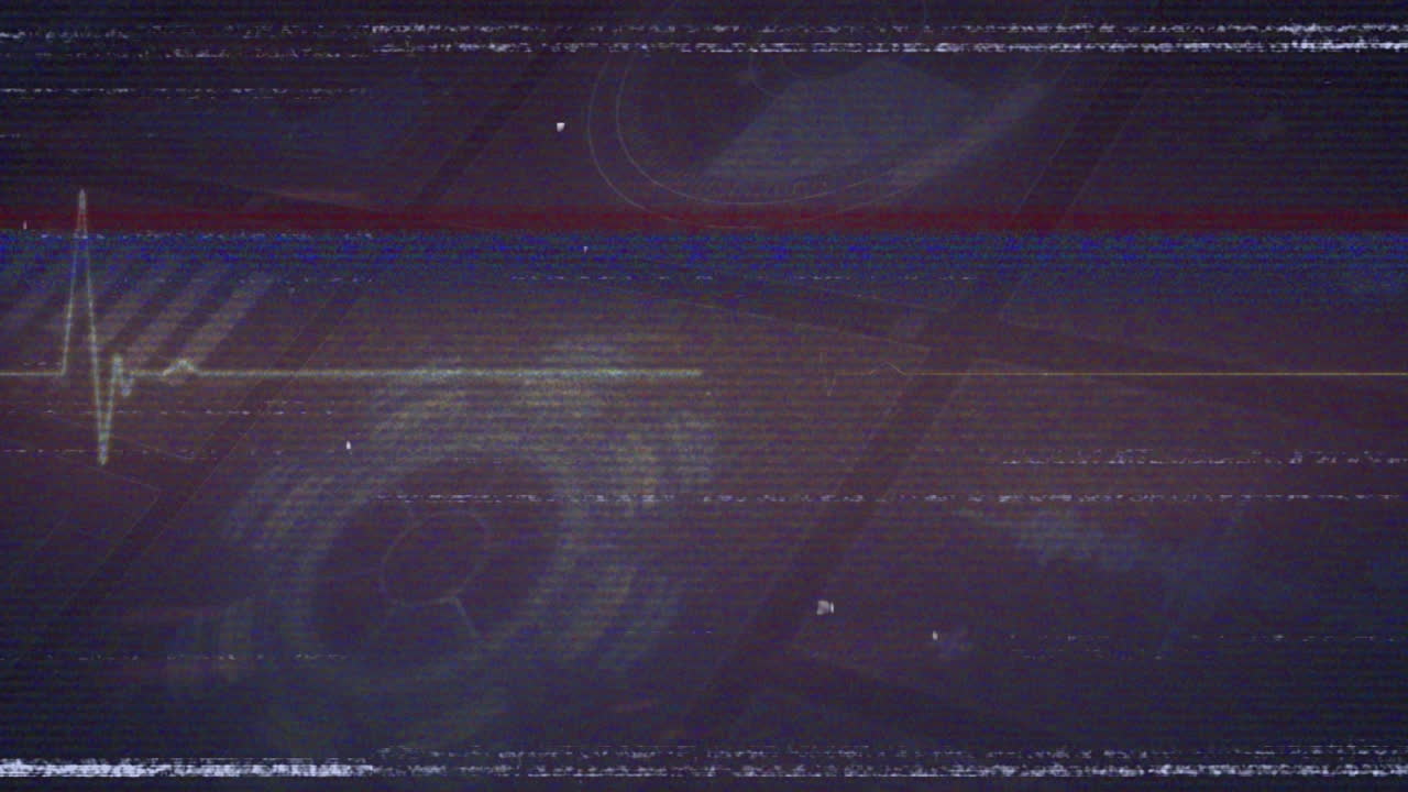 Animation of navy digital screen with diverse data processing, heart rate and glitch
