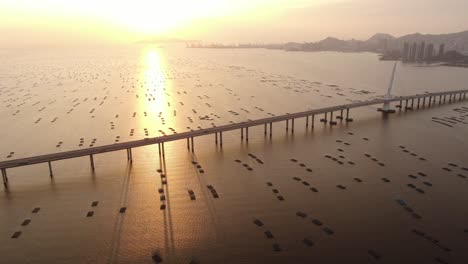 traffic on hong kong-shenzhen bay bridge at sunset, with fish and oyster cultivation pools, aerial view