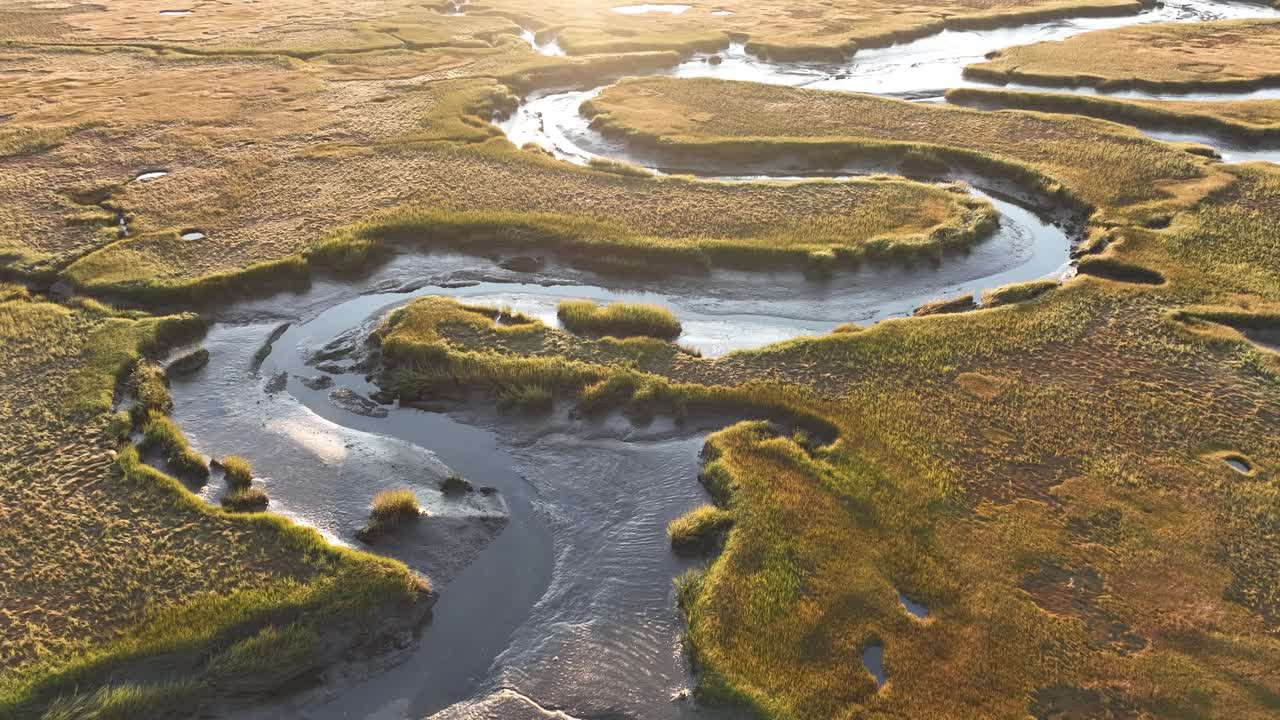 Aerial View of a Serene River Winding Through a Lush Marsh