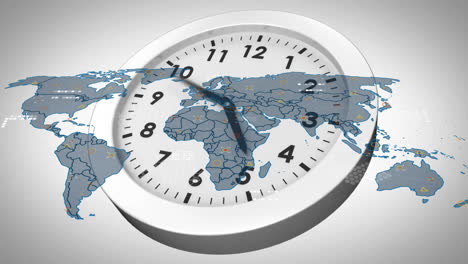 animation of clock face with world map showing global time zones