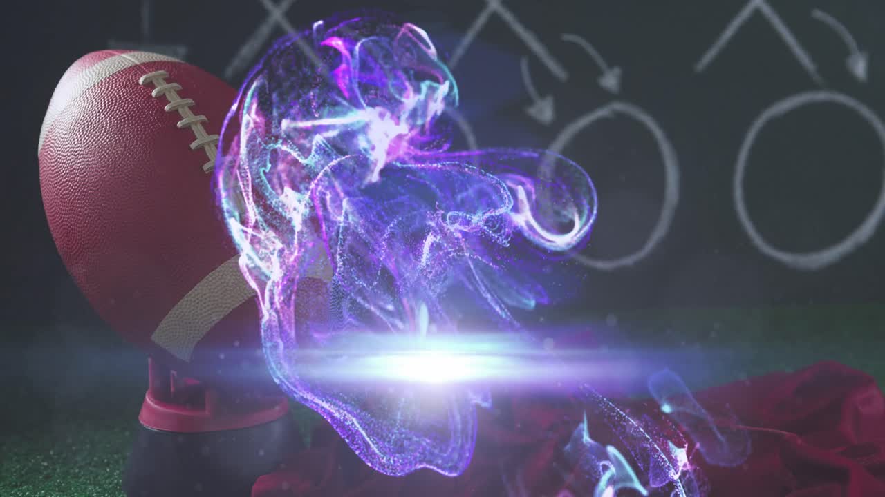 animación de pelota de rugby en botella con camiseta y patrón abstracto y plan de juego en el fondo.