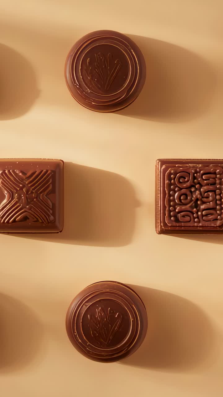 Video vertikal: Kamera geser ke bawah menampilkan cokelat yang dipusatkan di atas meja krem dengan kotak untuk pengambilan gambar