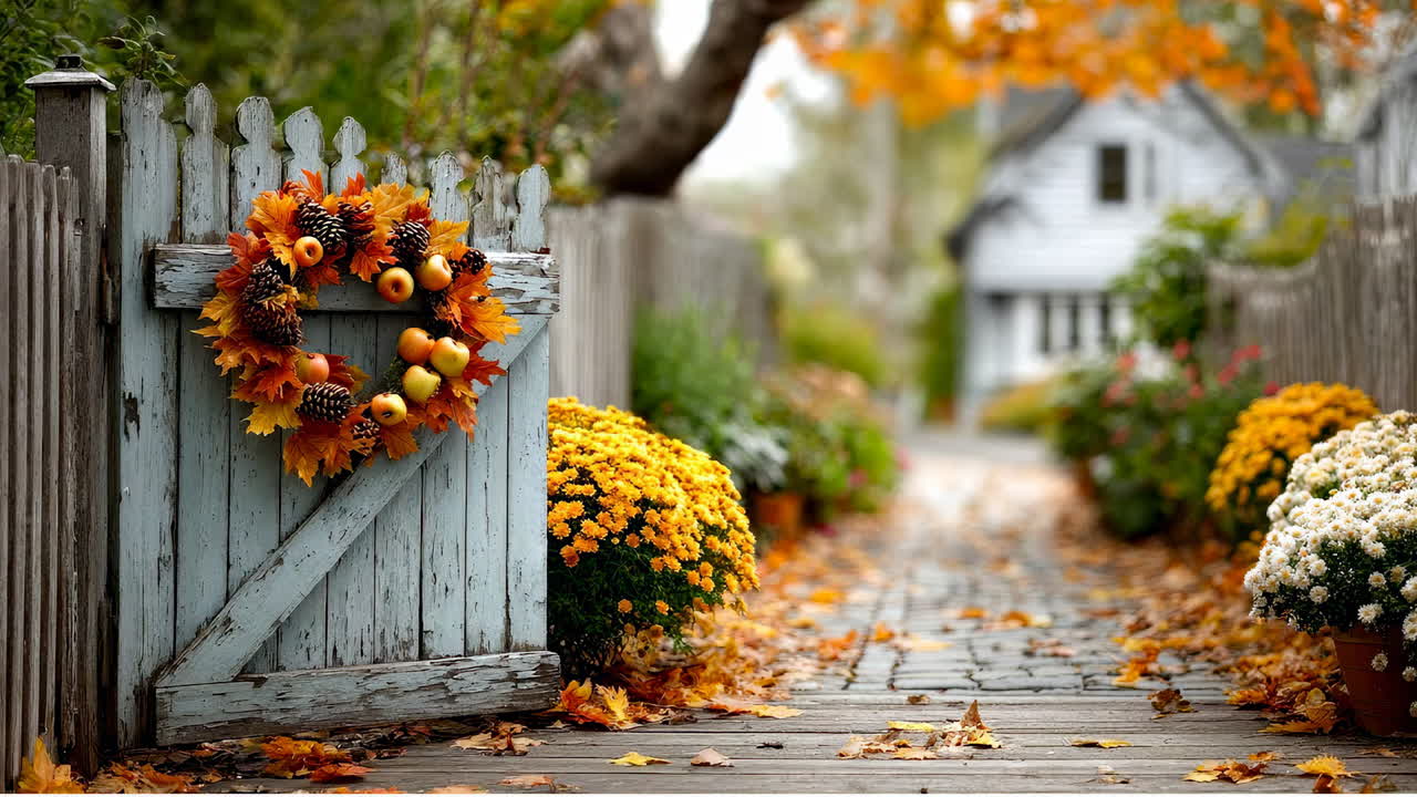 Fogliame autunnale e fiori rigogliosi. Un sentiero conduce attraverso un giardino con fiori e foglie colorate che cadono dagli alberi durante la stagione autunnale.