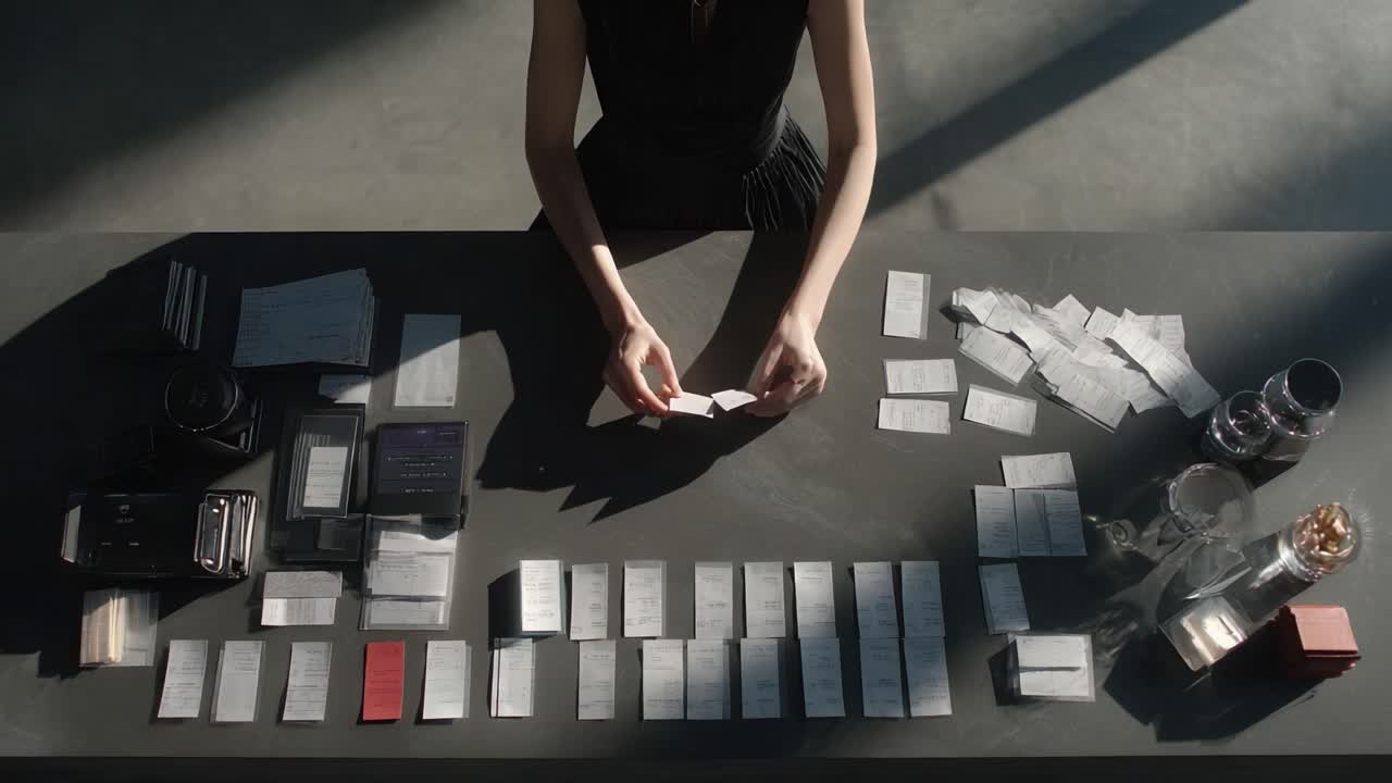 A Thoughtful Moment of Reflection: An Individual Analyzing Organized Notes at a Minimalist Desk with Soft Natural Lighting, Highlighting Focus and Concentration