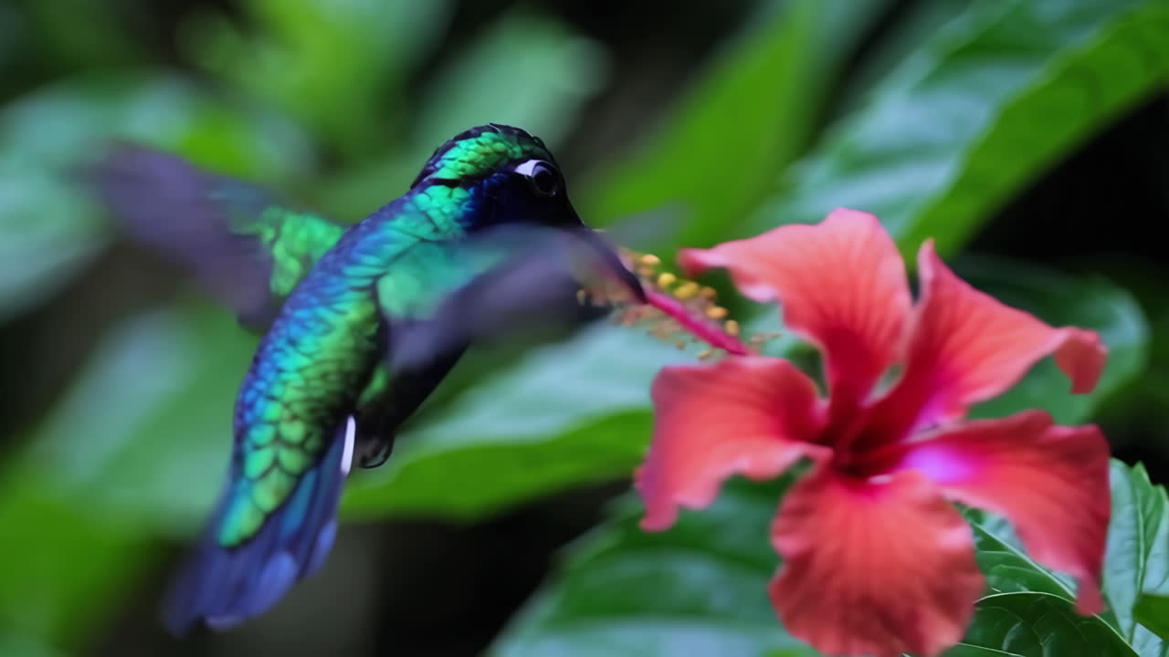 Colorful Hummingbird Feeding on Hibiscus Flower
