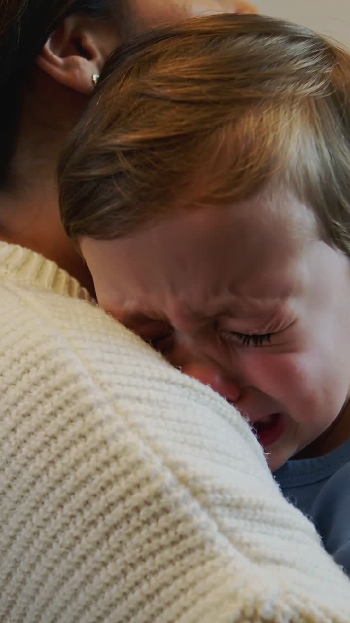 Vertical video: Crying toddler burying face into mom shoulder at home, mom holding, cream sweater