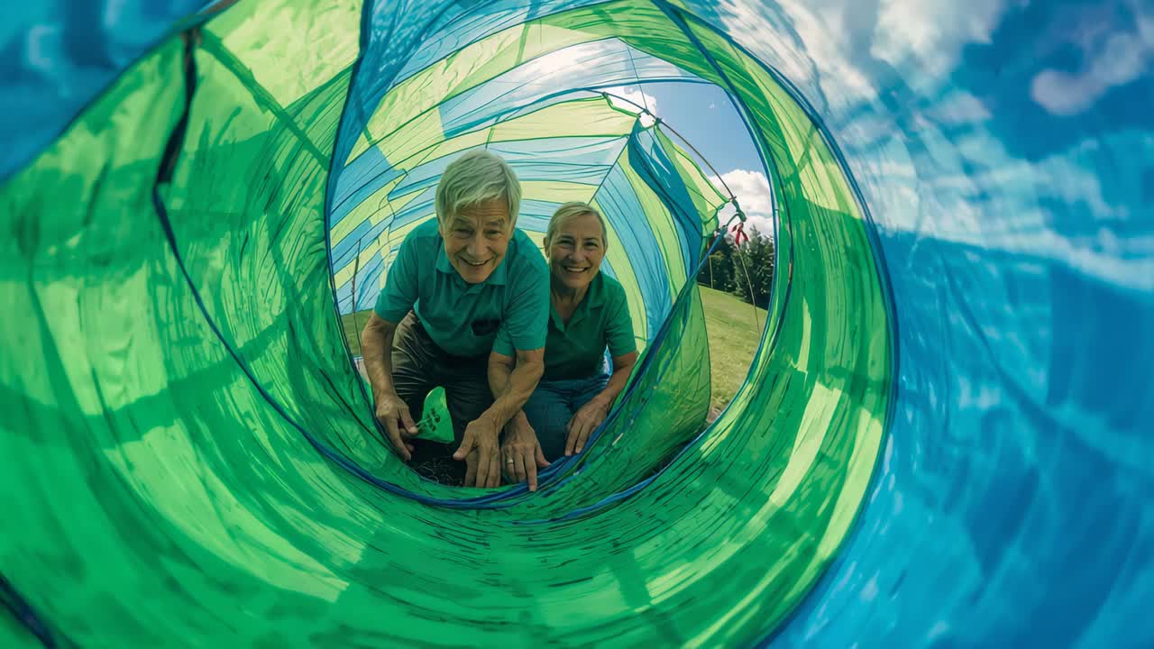 Crawling seniors seeing camera and playing, moving into garden green tunnel, wearing green polos