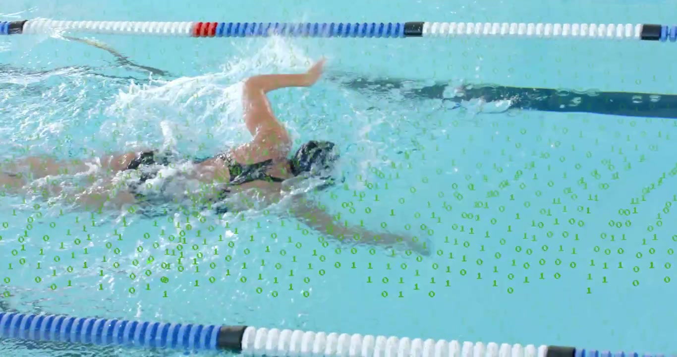 Swimmer extending right arm under rope starting crawl stroke animated health stats tracking pace