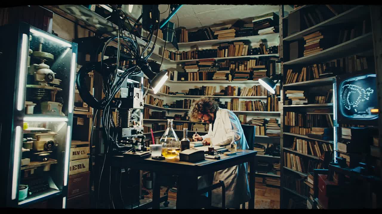 un científico en un laboratorio de biblioteca retro futurista
