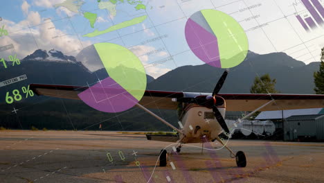 charts and graphs animation over small airplane on mountain runway